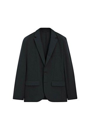 Blazer noir à un bouton et à revers, avec poches à rabat sur le devant, sur fond blanc.