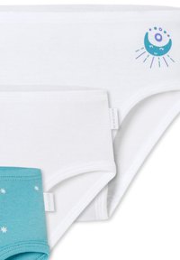 Three pairs of underwear: two white cotton briefs with smooth texture and one teal ribbed pair with white star patterns.