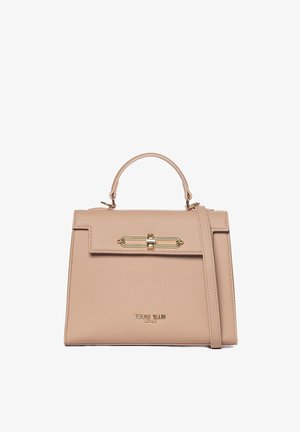 Sac à main en cuir texturé beige avec poignée supérieure, fermoir doré et bandoulière amovible, marqué "Marc Ellis New York" à l'avant.