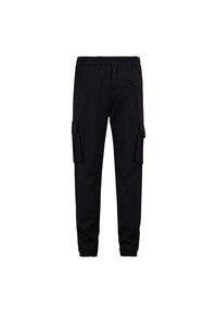 Zwarte cargo broeken met een elastische tailleband, twee zijzakken met kleppen en een achterzak, gemaakt van een zachte katoenmix.