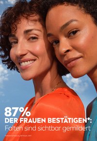 Two women smiling closely together. One wears an orange blouse, the other a teal top. Smooth skin with a sunny sky backdrop.