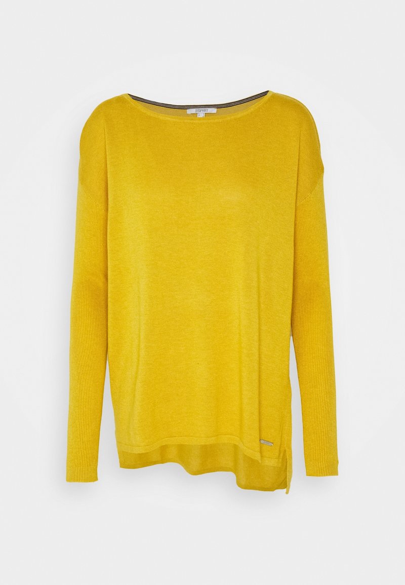 Gul långärmad tröja med lös passform, ribbade ärmar och rundad fåll. Har en etikett på den nedre sidan för varumärkesidentifikation.