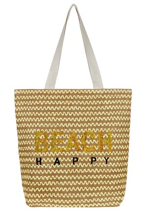 Tote-Bag mit einem welligen Muster in Beige und Creme, das "BEACH" in glitzerndem Gelb und "HAPPY" in schwarzem Text zeigt. Mit Canvas-Trägern.