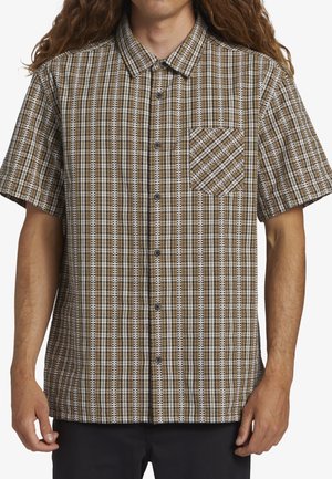 Short-sleeve plaid shirt in brown with white accents, featuring a buttoned front, a single chest pocket, and a relaxed fit.