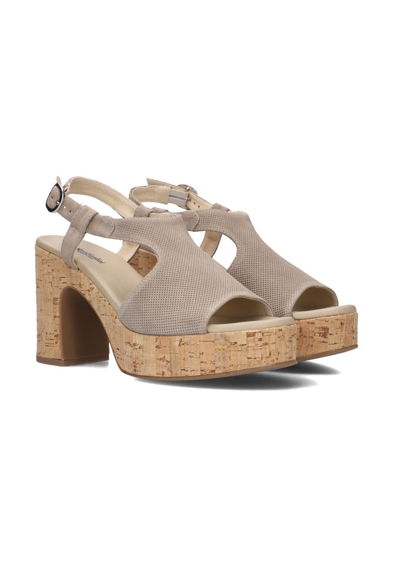 Beige perforated fabric sandals with open toes, cork platform, and block heels. Adjustable ankle strap with metal buckle detail.