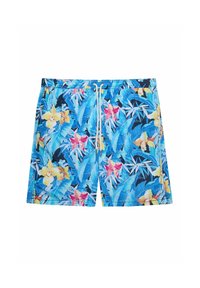 Bañadores con un patrón tropical azul que presenta grandes flores amarillas y rosas, en una tela ligera con una cintura elástica y cordón.