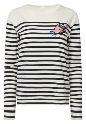 Camicia a maniche lunghe a righe bianca e nera, con un design grafico colorato sul petto. Tessuto morbido con scollo rotondo.