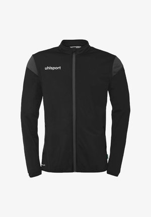 Zwarte sportjack met een hoge kraag, volledige rits en grijze schouderaccenten. Bevat een merklogo op de linkerkant van de borst en zijzakken.