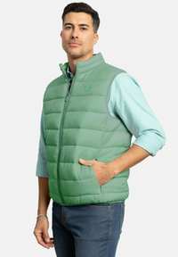 Chaleco acolchado verde con cremallera frontal, cuello alto y bolsillos laterales. Material ligero con una textura suave y detalle del logo en el pecho.