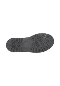 Semelle d'une botte en caoutchouc noire avec des rainures profondes et des crampons en forme de croix pour la traction, visible sur un fond blanc.