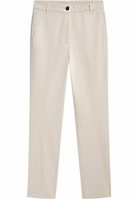 Beige chino's met een gladde structuur, recht gesneden pijpen, voorzakken, knoopsluiting en riemlussen. Geen zichtbare patronen of accenten.