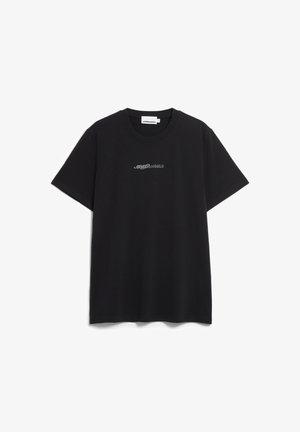 Zwarte katoenen T-shirt met een ronde hals en korte mouwen, voorzien van een klein logo in het grijs op de voorkant. Soepele textuur, casual pasvorm.