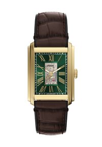 Rechthoekig Fossil-horloge met een groene wijzerplaat, gouden Romeinse cijfers en een transparante bewegingsweergave. Bruine leren band met een gestructureerd patroon.