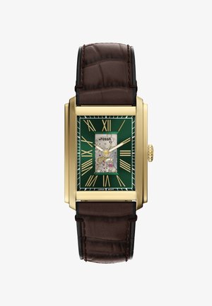 Orologio Fossil rettangolare con quadrante verde, numeri romani dorati e display del movimento trasparente. Cinturino in pelle marrone con motivo testurizzato.