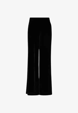 Czarne welurowe spodnie o szerokich nogawkach z gładką teksturą, wysokim pasem i zwężającymi się mankietami, zapewniające płynny krój.