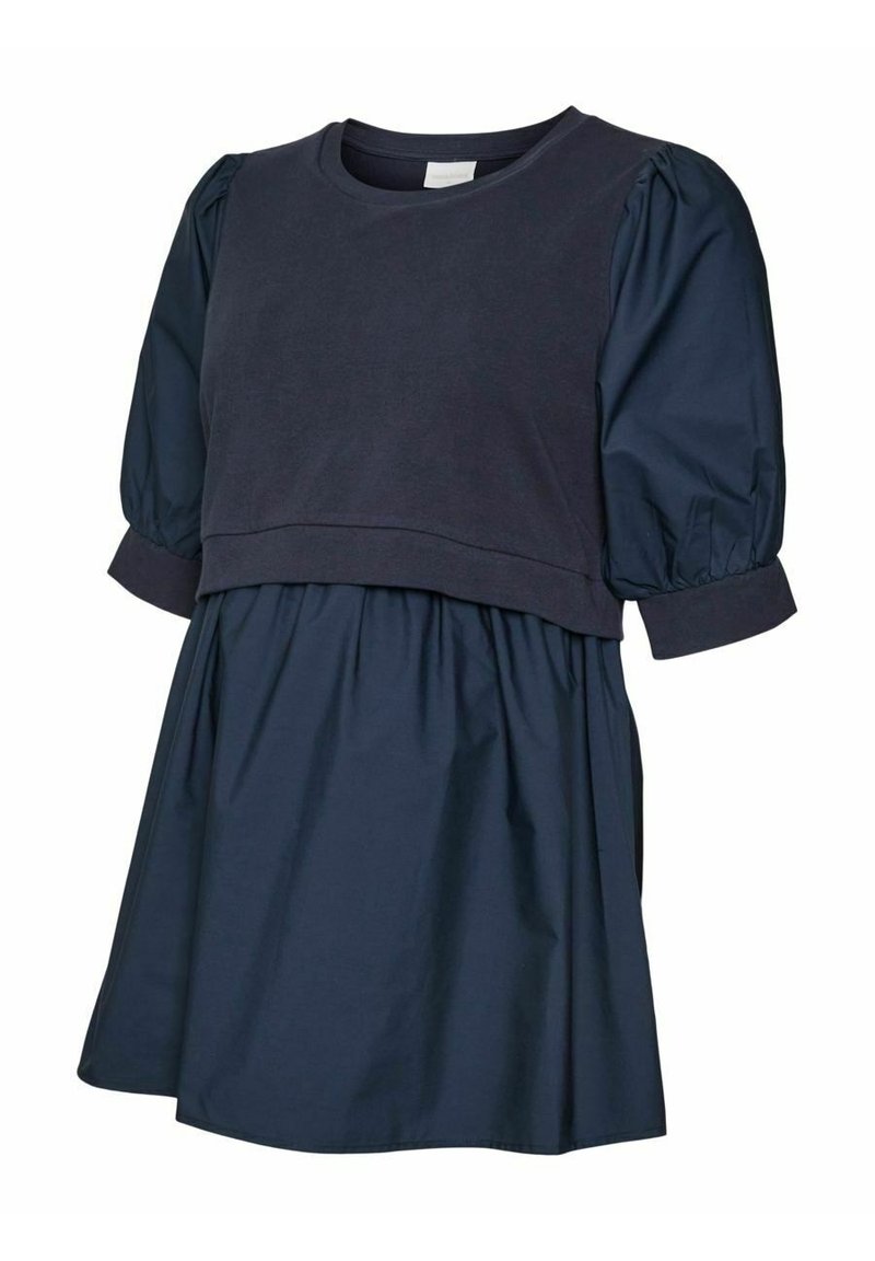 Marinblå klänning med puffade ärmar till armbågen, samlad midja och ett lagerdetalj vid bysten.