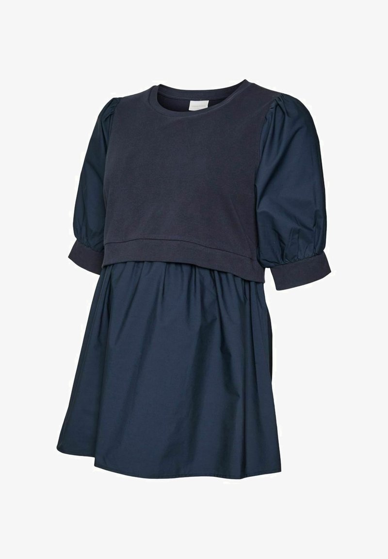 Navy blue dress with puffed elbow-length sleeves, gathered waist, and a layered bodice detail.