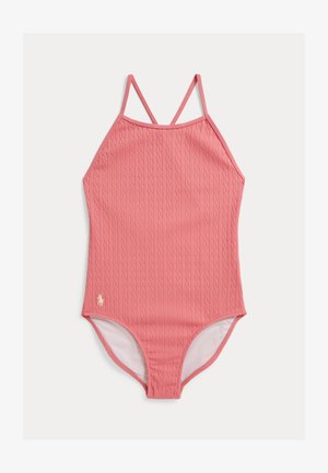 Costum de baie roz întreg, cu model texturat în relief cu model vertical de tricotaj tip cablu, bretele subțiri duble pentru umeri și logo mic brodat pe partea stângă jos.