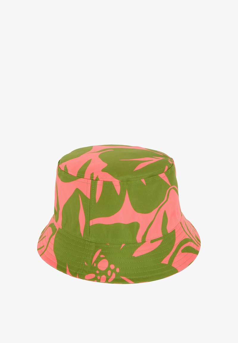Cappello a secchiello con un vivace motivo floreale rosa e verde, realizzato in tessuto morbido con una parte superiore strutturata e rotonda e una visiera larga.