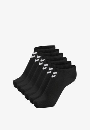 Black ankle socks set of six, ribbed cuff, smooth texture, with white chevron pattern on side. Suitable for casual or athletic use.