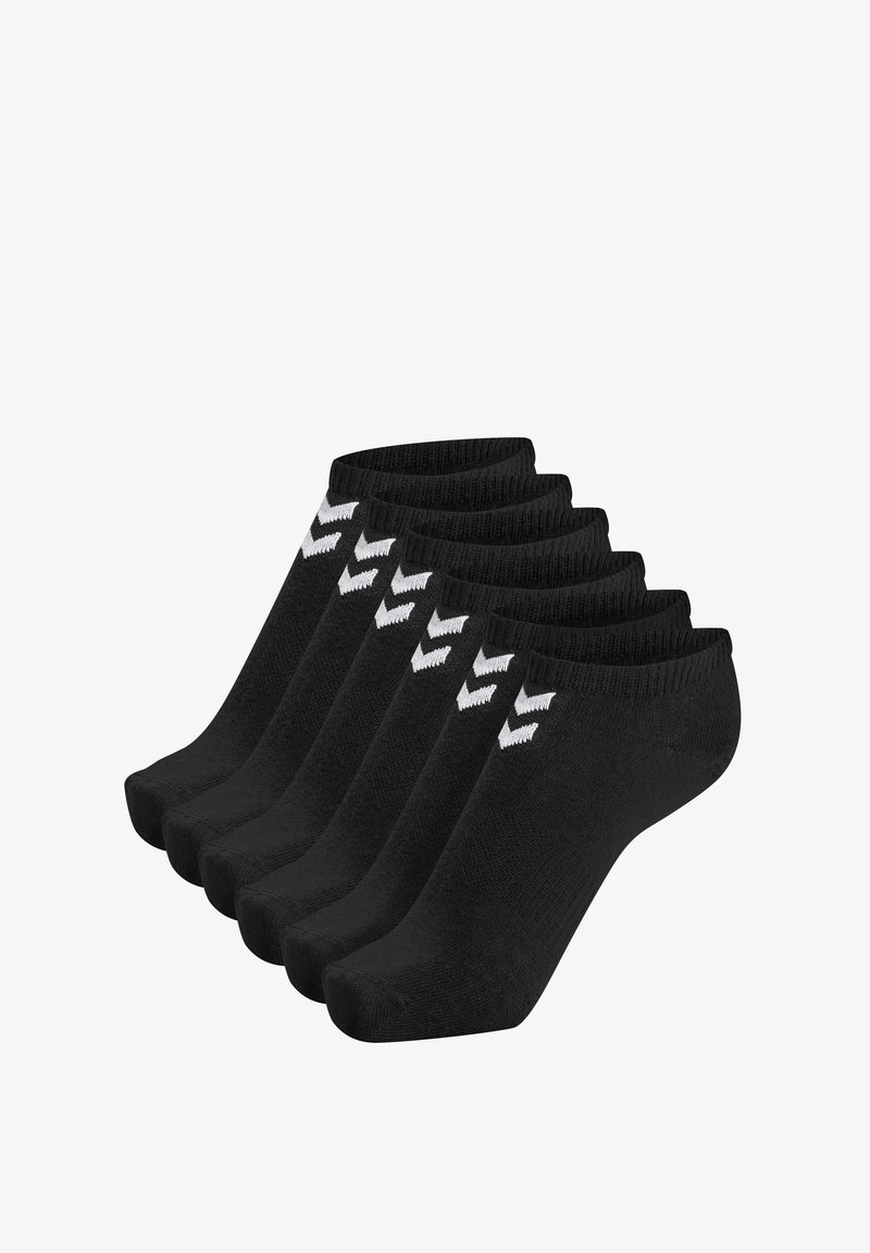 Czarny zestaw sześciu skarpetek do kostek, z prążkowanym mankietem, gładką strukturą, z białym wzorem w zygzak po boku. Odpowiednie do użytku codziennego lub sportowego.