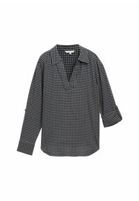 Chemise à carreaux noir et blanc à boutons, avec un col en V, coupe ample, manches longues retroussées aux poignets, fabriquée en tissu léger.