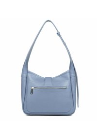 Sac à main en cuir bleu clair avec une seule sangle d'épaule, finition texturée, poche avant plate avec fermeture éclair et forme élégante et arrondie.