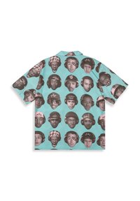 Short-sleeve shirt in aqua fabric featuring repeated graphic prints of faces in various headwear and expressions, with a lightweight texture.