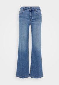 Vaqueros de pierna ancha en denim azul claro con un acabado deslavado, que incluyen un cierre de cremallera, cinco bolsillos y un sutil detalle de desgaste.