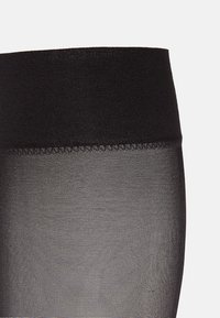 Collant neri trasparenti con una finitura liscia, dotati di una ampia cintura elastica. La texture è leggera e leggermente lucida nella parte superiore.