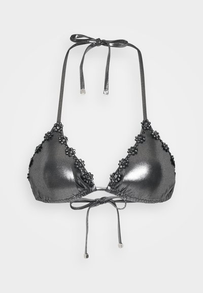 Metallic black bikini top with triangle shape, floral bead accents, adjustable ties, and a smooth texture.