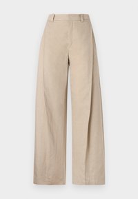 Beige linbukser med vide ben og høy midje, med en glatt tekstur og rene linjer, designet for en avslappet passform.