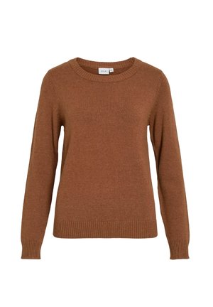 Brūns džemperis, apaļa kakla izgriezums, garas piedurknes, ribots apakšmalā un aprocēs, mīksta tekstūra, minimāls dizains, piemērots slāņošanai.