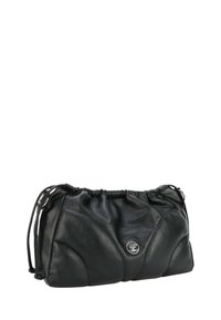 Borsa a spalla in pelle nera con parte superiore arricciata, design trapuntato testurizzato e un accento con logo argentato. Presenta coulisse regolabili sui lati.