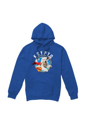 Blue hoodie with a flying dog wearing a red cape inside a circle, with the word "Krypto" arched above the dog.