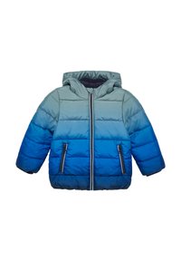 Veste à capuche matelassée dans des dégradés de verts et de bleus, présentant des poches zippées et un motif matelassé texturé.