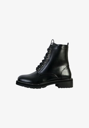 Black leather ankle boots with a round toe and lace-up front. Features metallic eyelets and a textured, durable sole for grip.