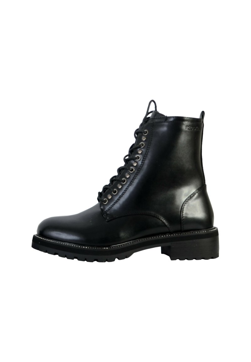 Black leather ankle boots with a round toe and lace-up front. Features metallic eyelets and a textured, durable sole for grip.