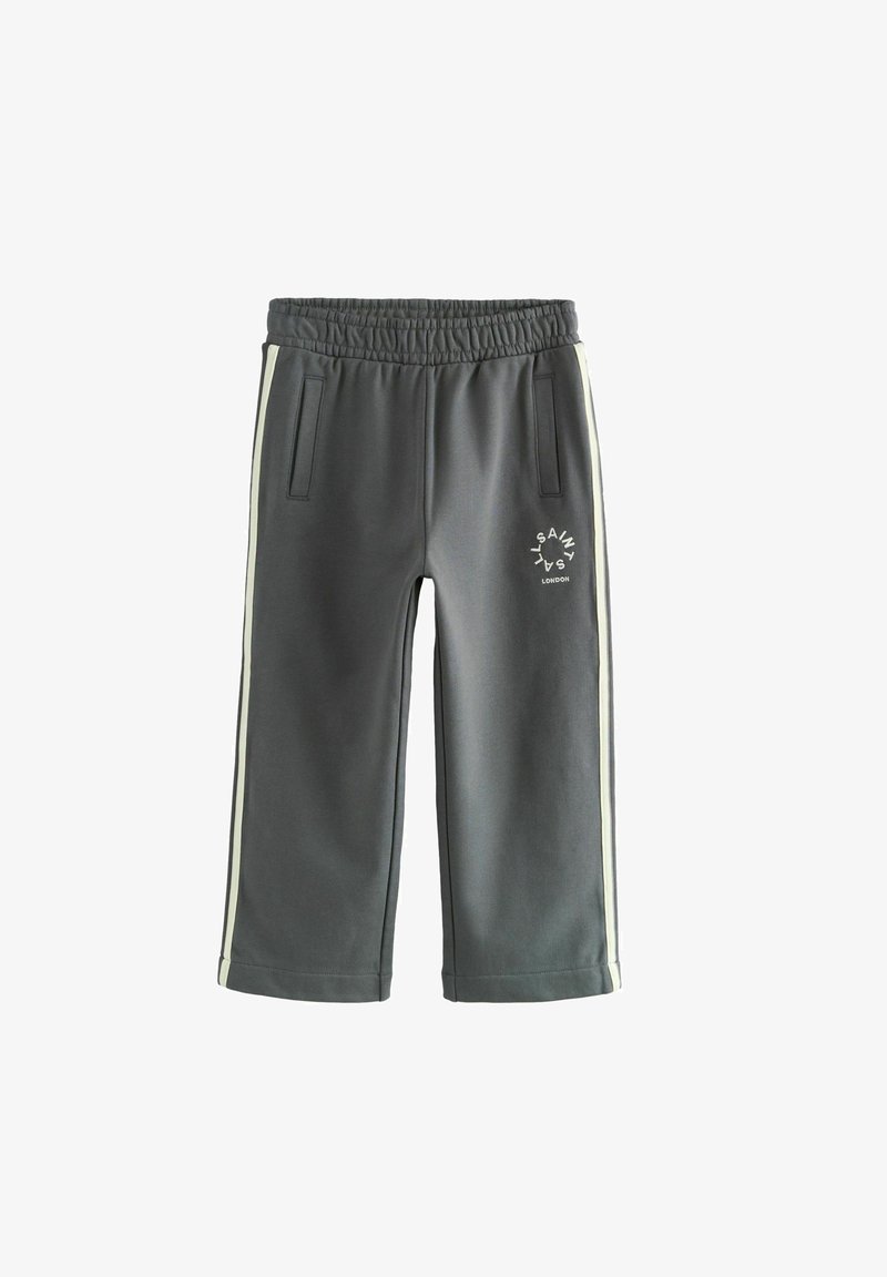 Šedé tepláky s elastickým pásom na šnúrku, bočnými vreckami, bielymi pruhmi po stranách a logom potlačeným na prednej strane. Hladká textúra látky.