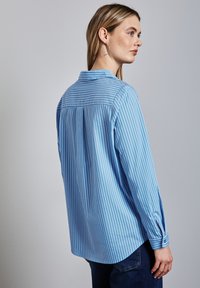 Camicia azzurra chiara con maniche lunghe e bottoni, caratterizzata da strisce verticali bianche, una spalla posteriore e polsini fissati con bottoni. Texture liscia.