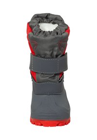 Graue und rote Winterstiefel mit einem runden oberen Teil, Stoffumschlag, Klettverschlussriemen und Gummisohle mit einem strukturierten Profil.