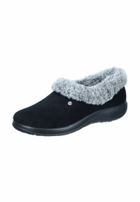 Black slip-on shoe made of smooth suede with a gray faux fur collar. Features a rounded toe and a textured black rubber sole.