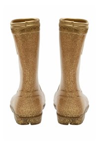 Pari korkeita, kultakimmeltäviä kumisaappaita takaa kuvattuna, yläreunassa on aaltoileva koriste.