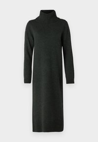 Abito a collo alto in maglia verde scuro. Maniche lunghe con polsini a coste e collo a coste. Silhouette dritta con orlo fino al ginocchio.