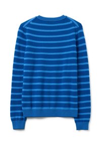 Maglione a righe blu con tonalità di blu variabili, collo a coste, polsini e fondo a coste. Tessuto morbido, vestibilità standard.