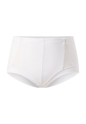 Witte high-waisted onderbroek van een gladde stof, met doorzichtige zijpanelen en een zachte tailleband, biedt volledige bedekking.