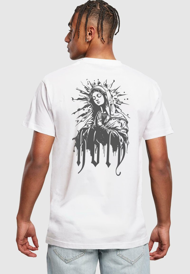 White cotton t-shirt featuring a black graphic of a praying figure with a halo and splatter design on the back.