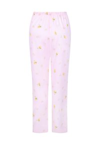 Lichtroze pyjamabroek met een elastische tailleband, voorzien van een bloemenpatroon van gele en roze bloemen, met een rechte pijpdesign.