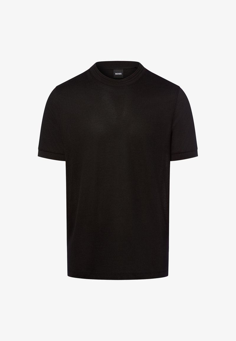 T-shirt noir manches courtes col rond avec une texture subtile et une petite étiquette BOSS à l’intérieur du col.