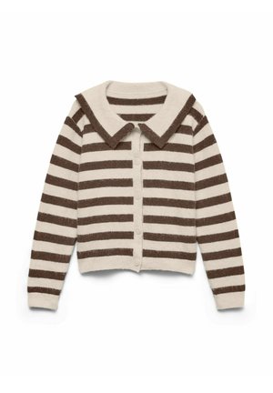 Cardigan rayé marron et ivoire avec un grand col, texture douce, fermeture par boutons, et manches longues.